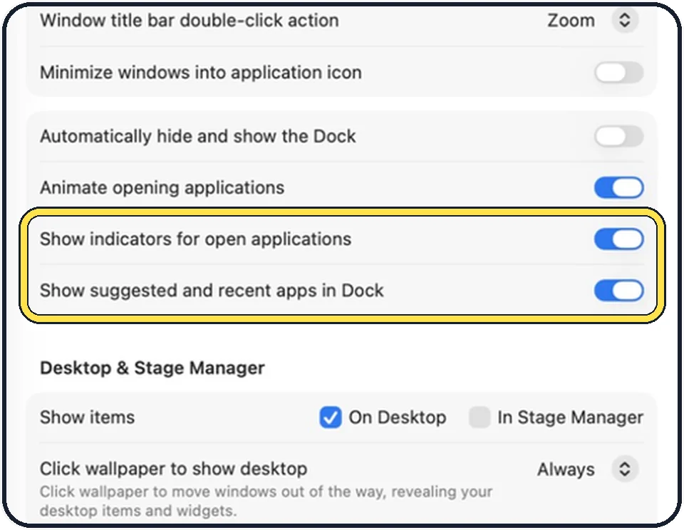 Mac screenshot: Decide about the dots and recent apps