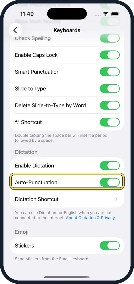 iPhone screen: Scroll down and switch off Auto-Punctuation