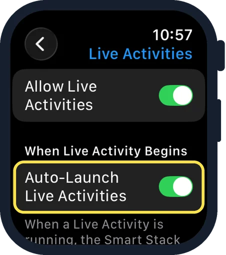 Apple Watch screen: Switch off Auto-Launch Live Activities