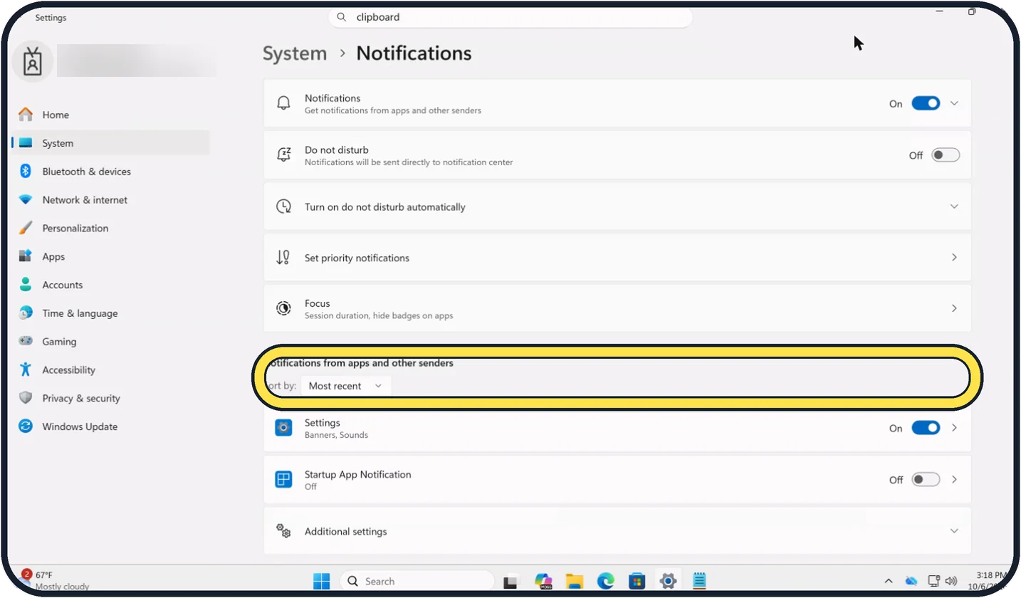 Screenshot from the guide: How to stop notifications popping up on Windows 11