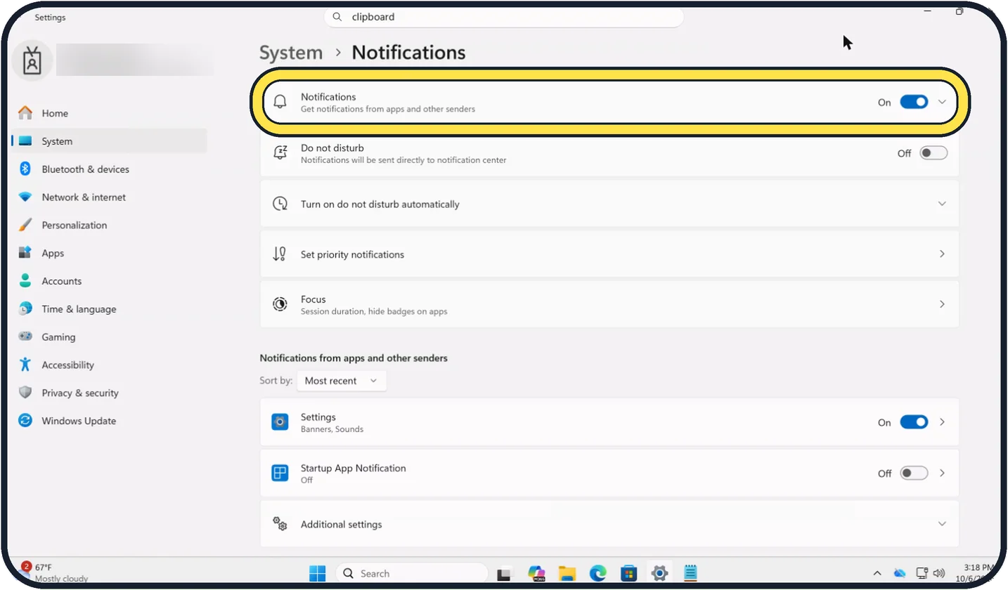 Windows screenshot: Or switch all notifications off