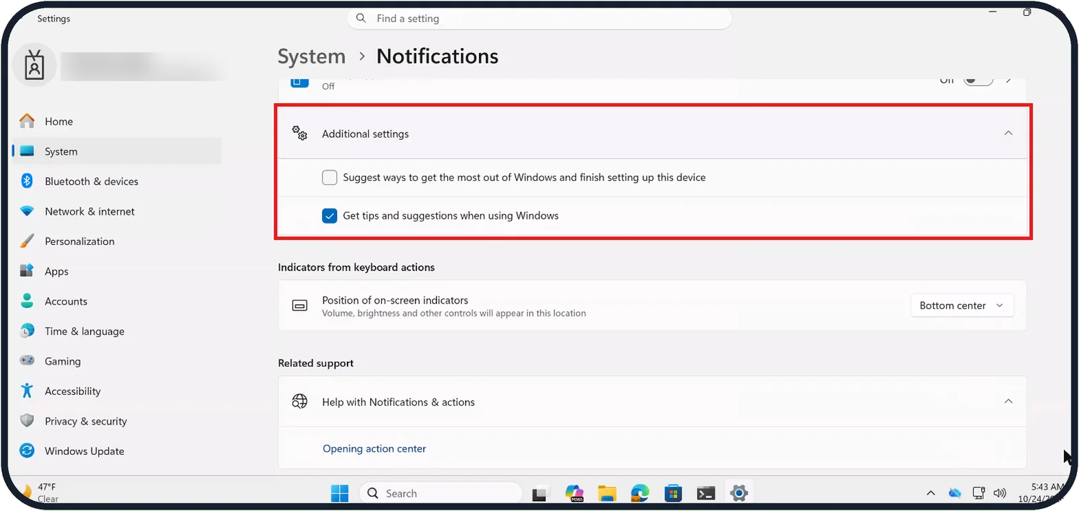 Windows screenshot: Stop Windows' own tips