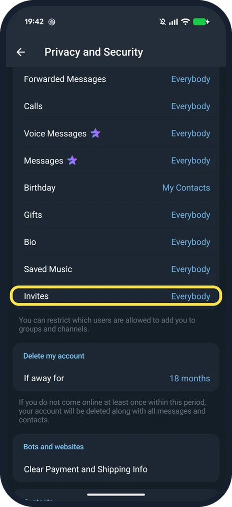 Android screenshot: Scroll down and tap Invites