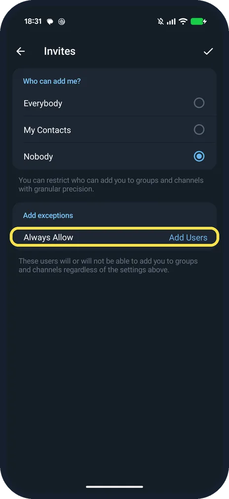 Android screenshot: Add anyone who may still add you, then tap the tick