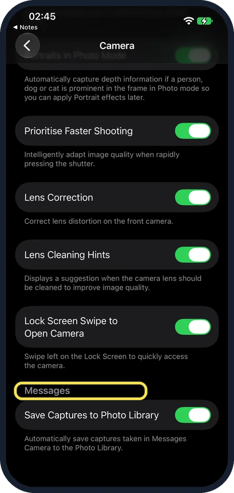 iPhone screen: Scroll down to the heading Messages