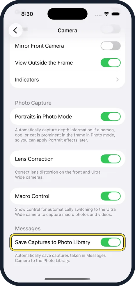 iPhone screen: Switch off Save Captures to Photo Library
