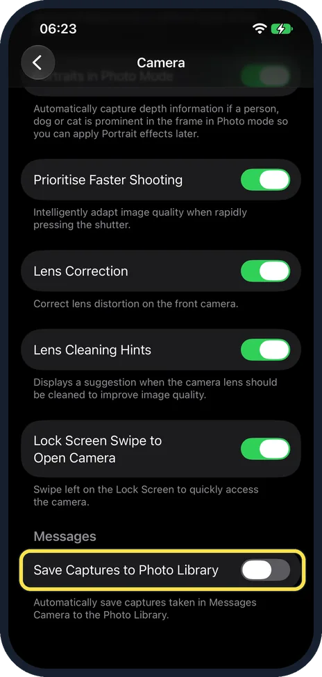 iPhone screen: Scroll down and switch off Save Captures to Photo Library