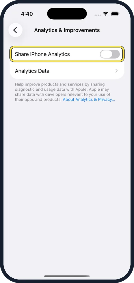 iPhone screen: Switch off Share iPhone Analytics