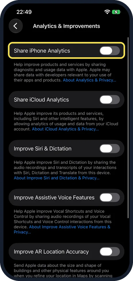 iPhone screen: Switch off Share iPhone Analytics