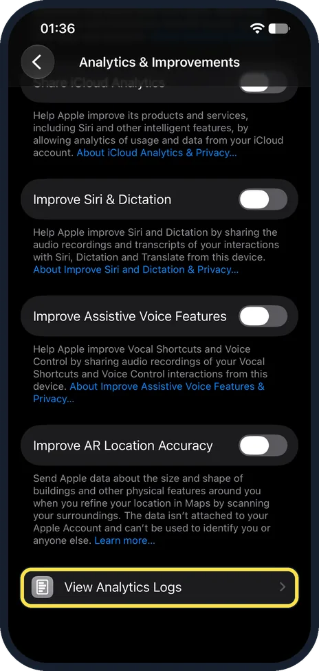 iPhone screen: Optional: tap View Analytics Logs