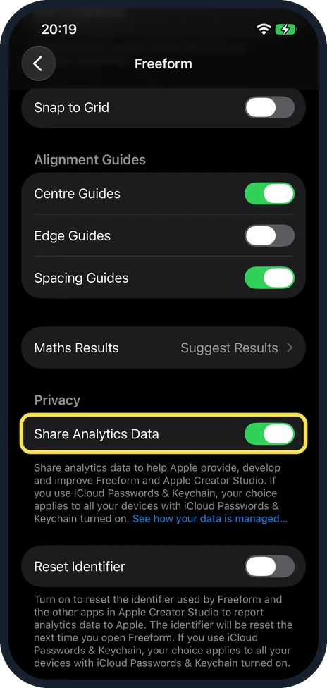 iPhone screen: Optional: switch off Freeform’s analytics too