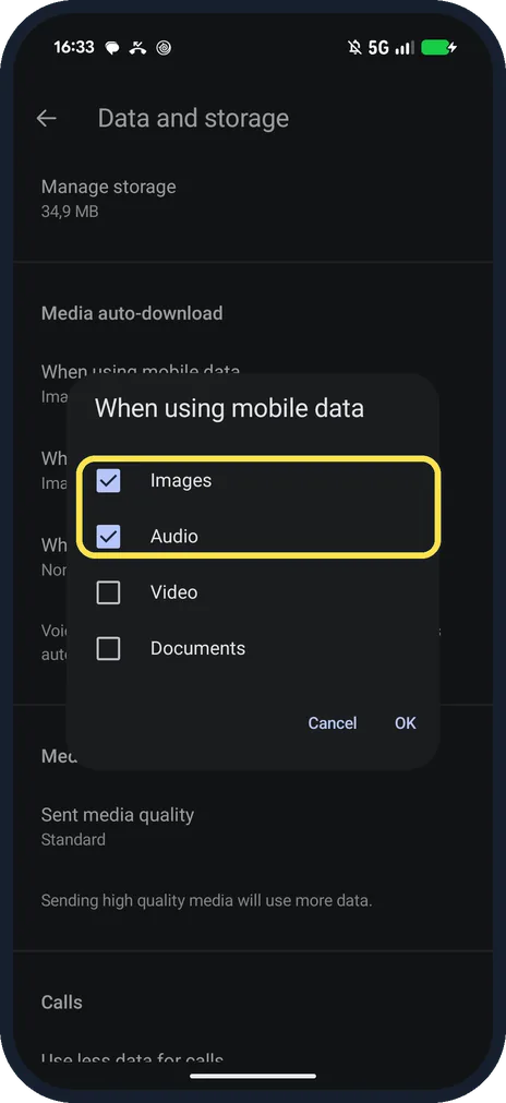 Android screenshot: Untick what you don't want, then OK