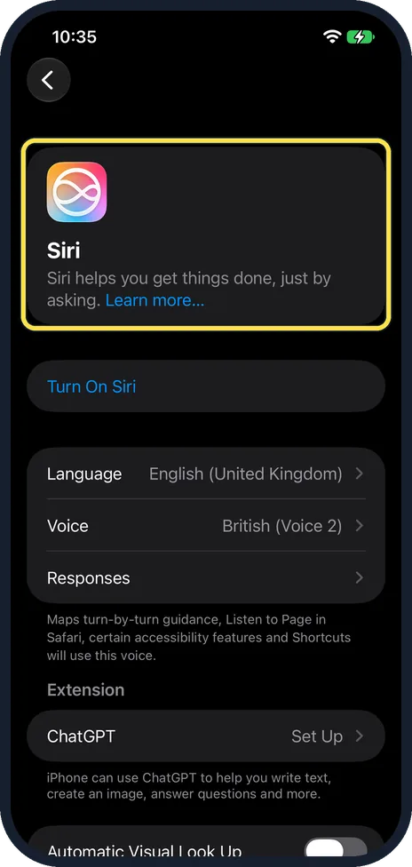 iPhone screen: The Siri page opens