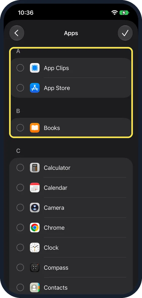 iPhone screen: Find the app in the list