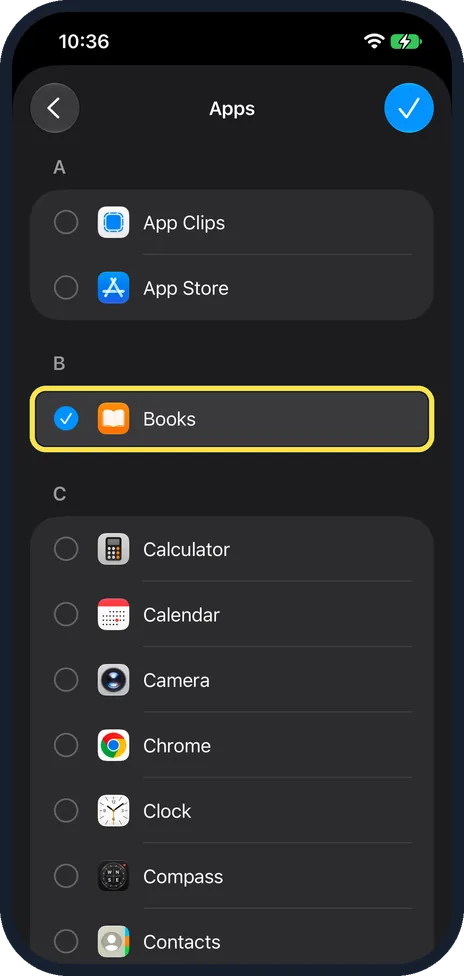 iPhone screen: Tick the app and tap the check mark