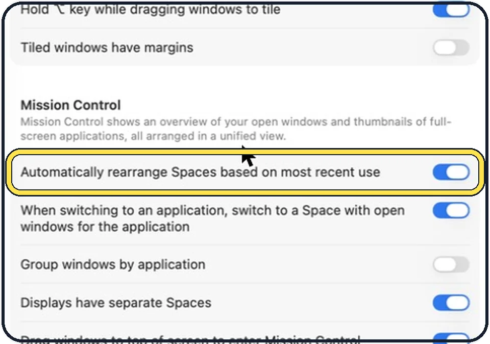 Mac screenshot: Scroll to Mission Control and switch off the automatic rearranging