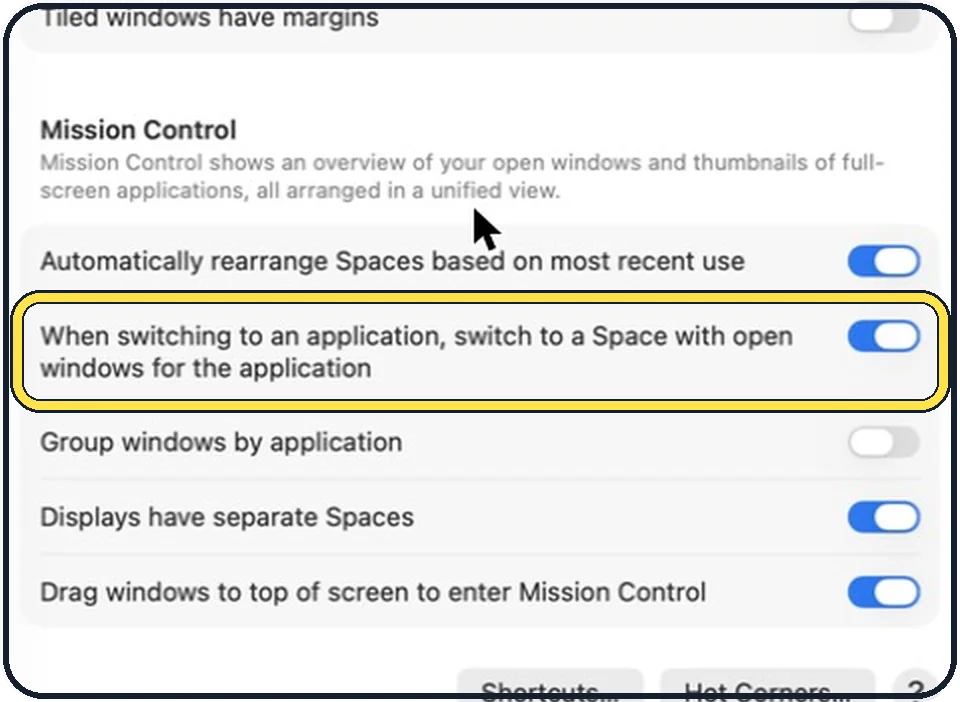 Mac screenshot: Decide about switching Spaces with apps