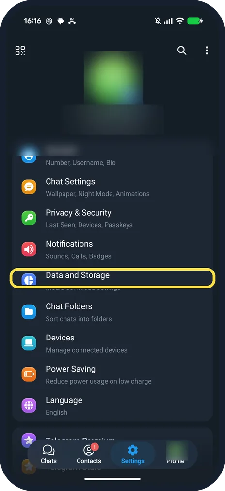 Android screenshot: Tap Data and Storage