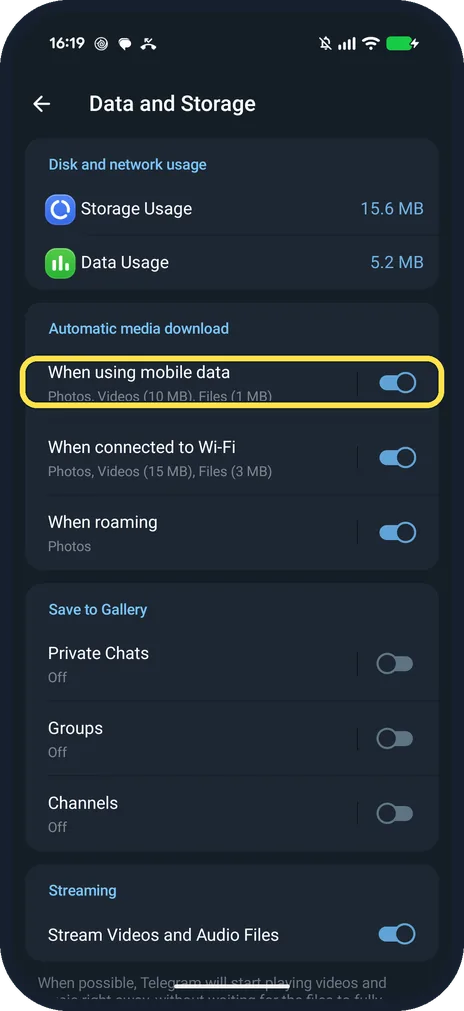 Android screenshot: Tap When using mobile data