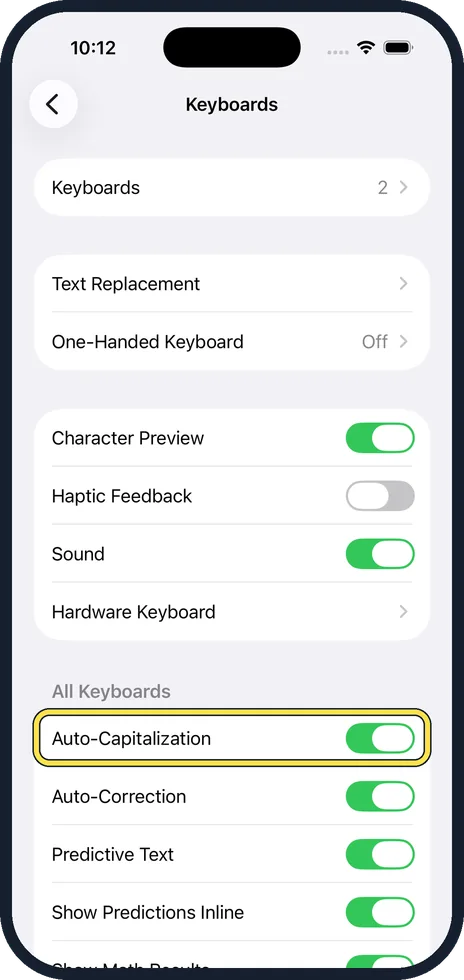 iPhone screen: Switch off Auto-Capitalization