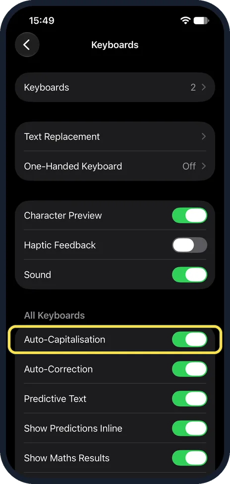 iPhone screen: Switch off Auto-Capitalisation