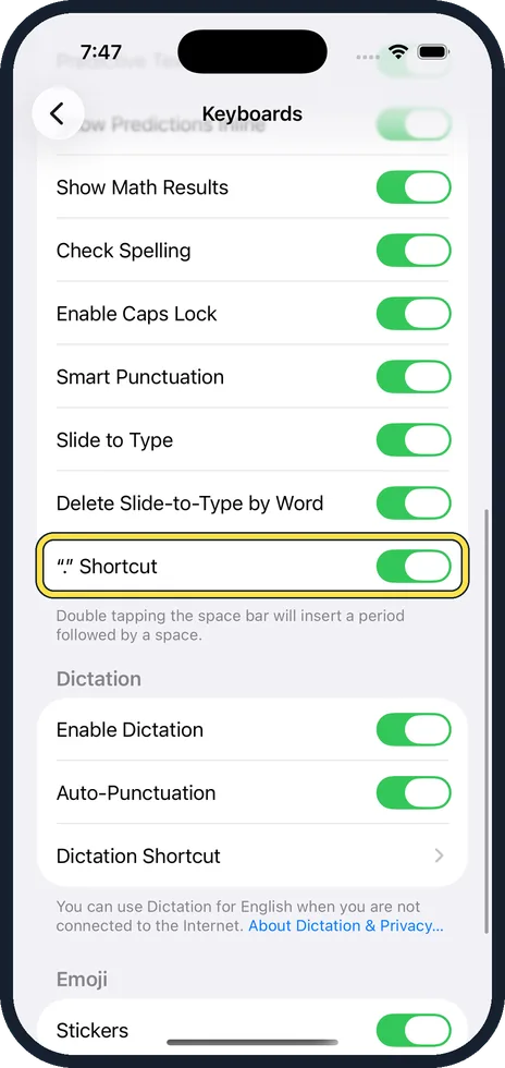 iPhone screen: Scroll down and switch off the "." Shortcut