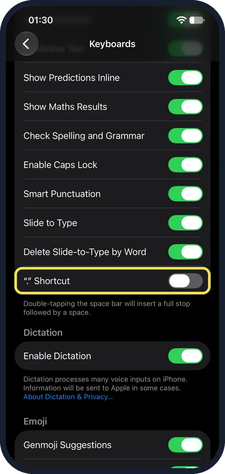iPhone screen: Scroll down and switch off “.” Shortcut