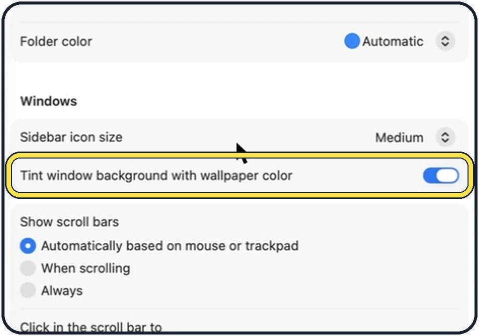 Mac screenshot: Switch off Tint window background with wallpaper color