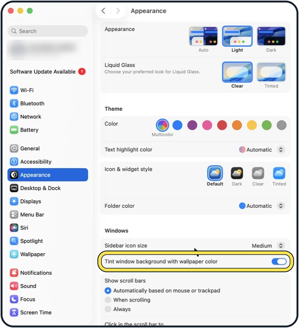 Mac screenshot: Switch off Tint window background with wallpaper color