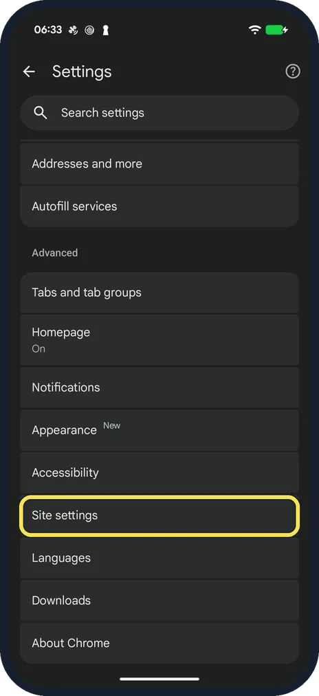 Android screenshot: Open Site settings