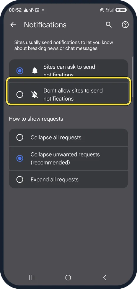 Android screenshot: Choose Don't allow