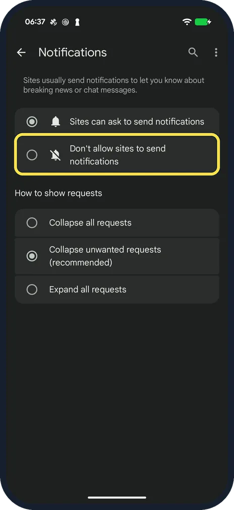 Android screenshot: Choose Don't allow