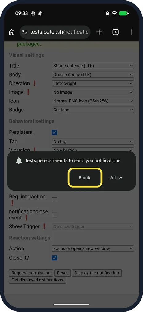 Android screenshot: When a site asks, tap Block