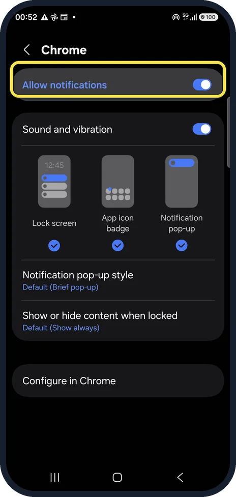 Android screenshot: Or switch off Chrome notifications completely