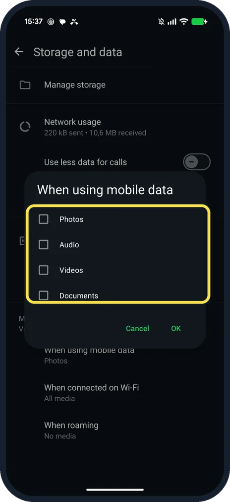 Android screenshot: Untick the media and tap OK