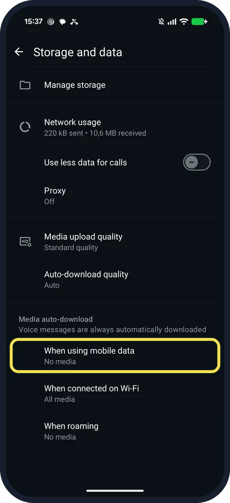 Android screenshot: Check the row says No media