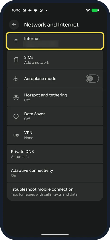 Android screenshot: Tap Internet