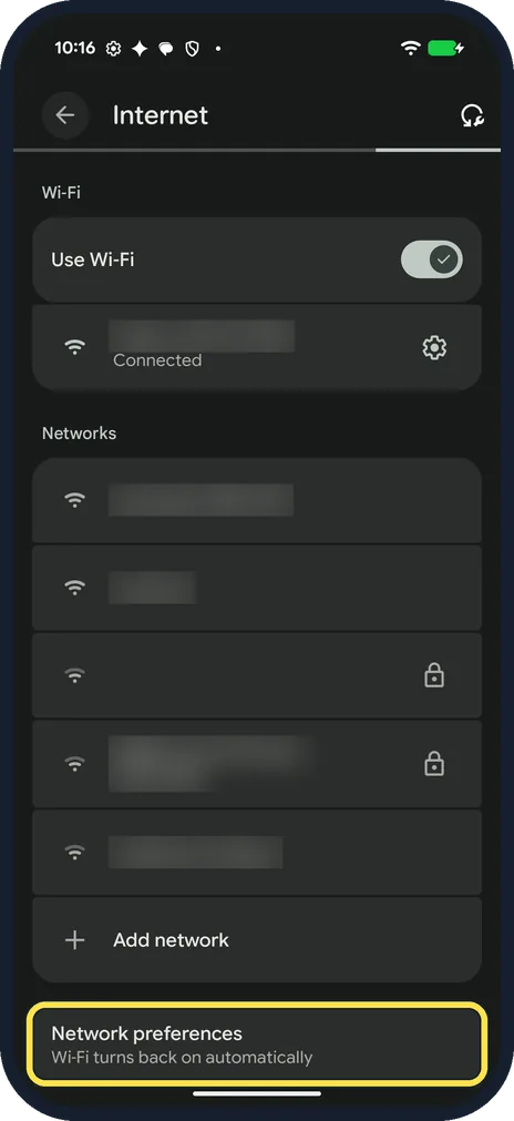 Android screenshot: Tap Network preferences