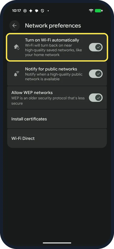 Android screenshot: Turn off Turn on Wi-Fi automatically