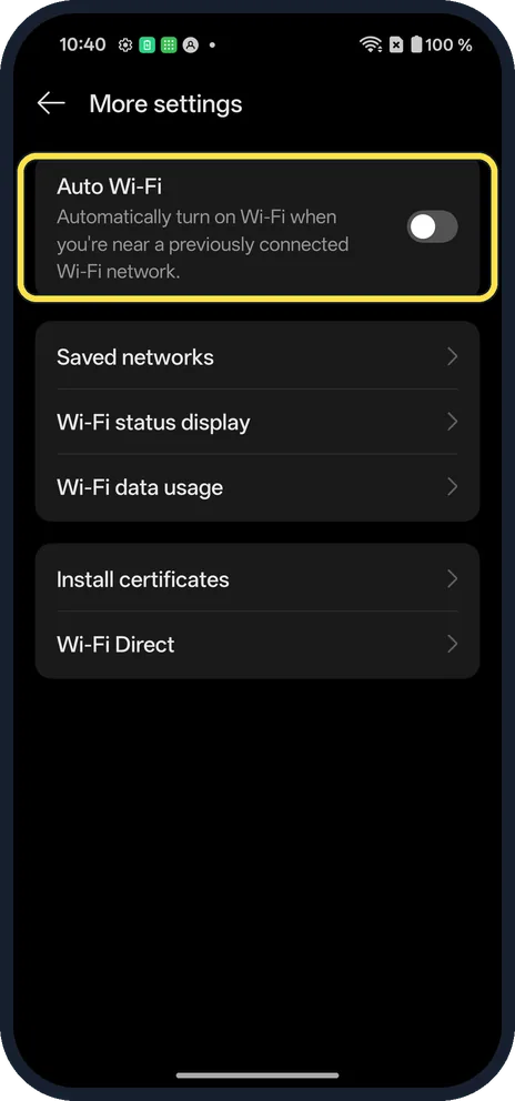 Screenshot from the guide: How to stop Wi-Fi turning on automatically on a OnePlus (OxygenOS 16)