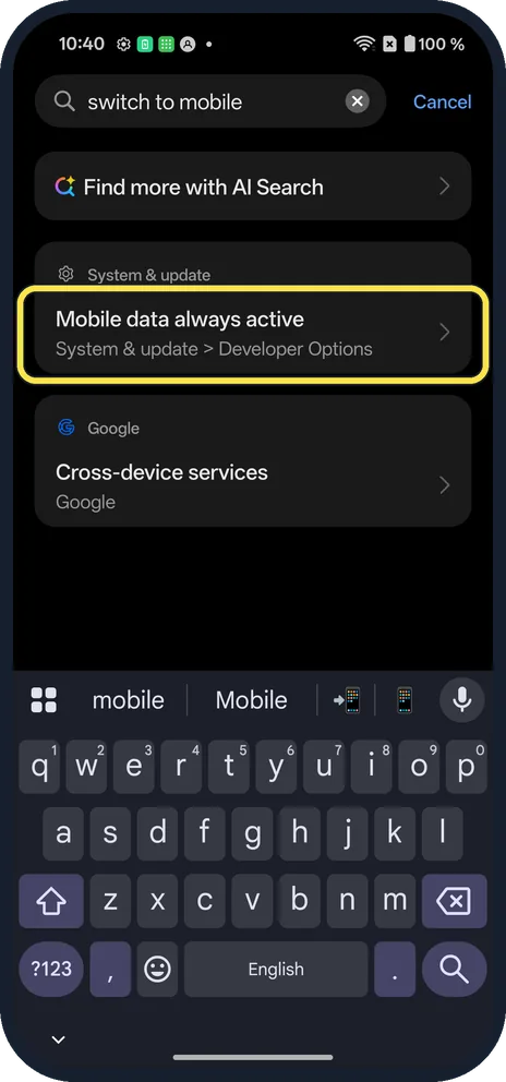Android screenshot: Switch to mobile data?