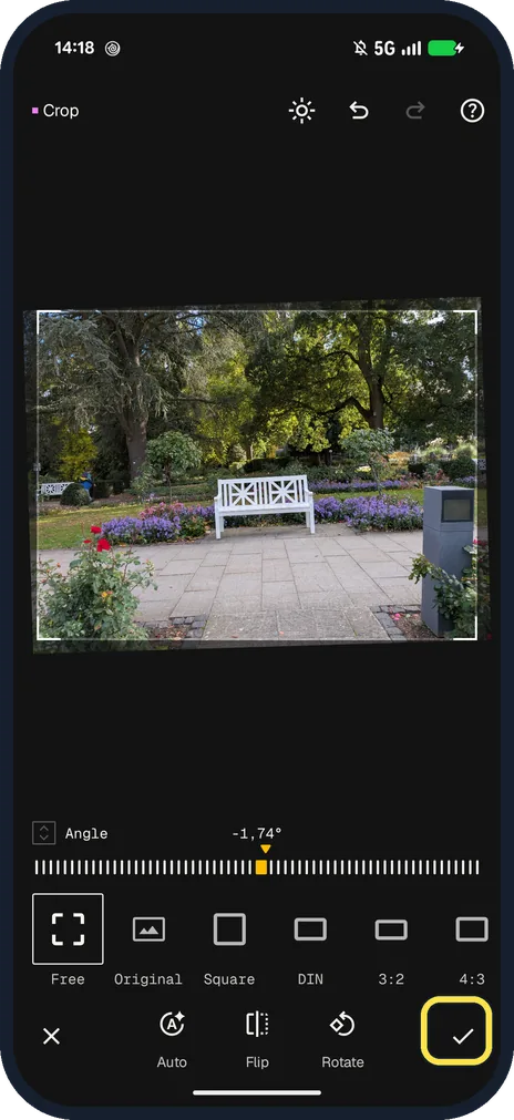 Android screenshot: Drag it until the photo is level, then tap the tick