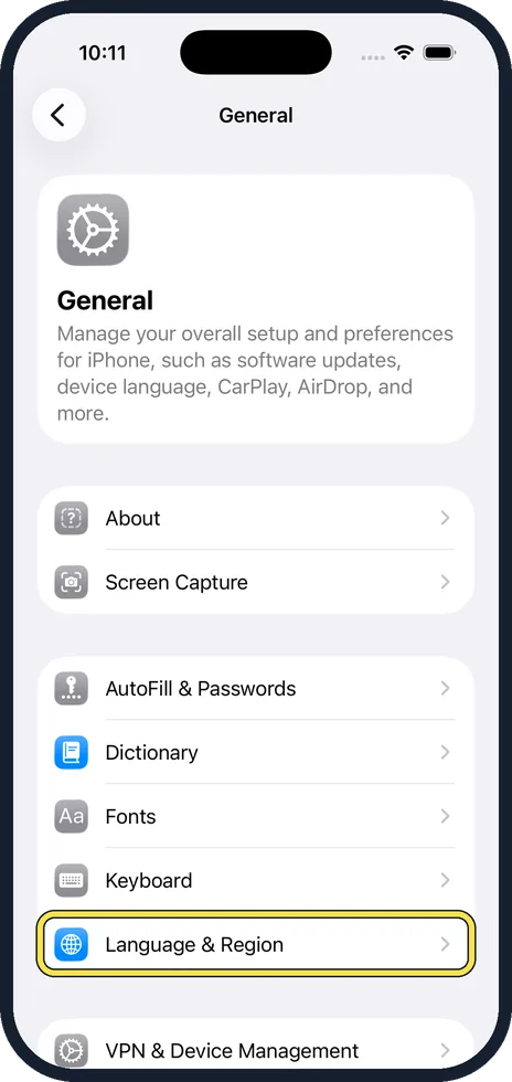 iPhone screen: Tap Language & Region