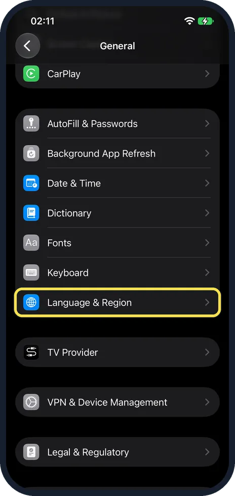 iPhone screen: Tap Language & Region