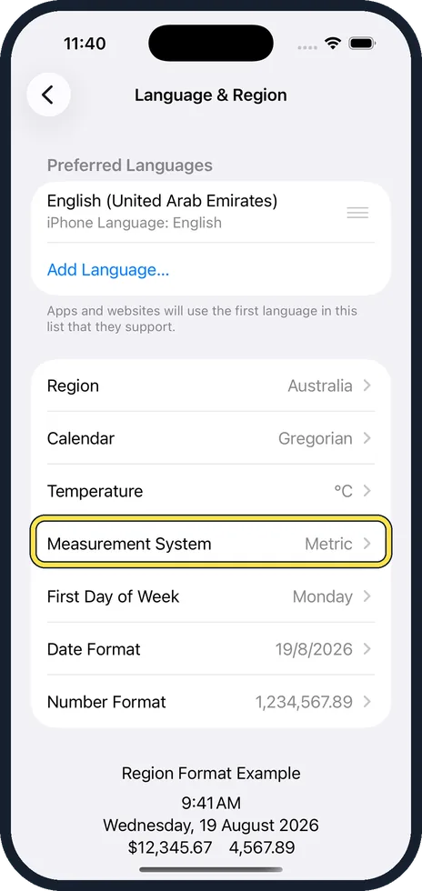 iPhone screen: Tap Measurement System