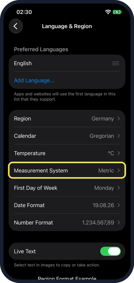 iPhone screen: Tap Measurement System