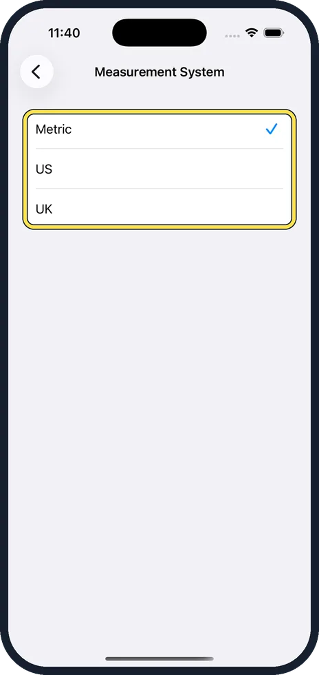iPhone screen: Tap Metric, US or UK