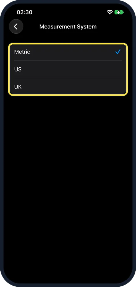 iPhone screen: Tap Metric, US or UK