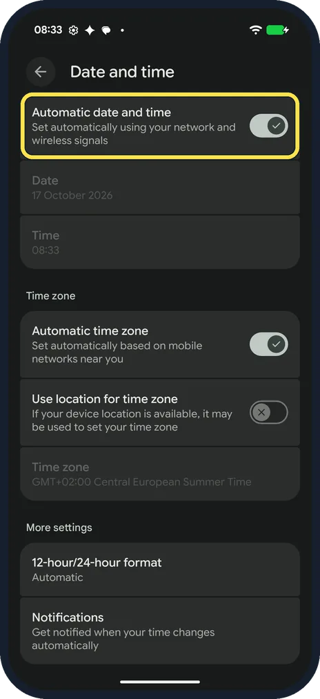 Android screenshot: Open Date and time
