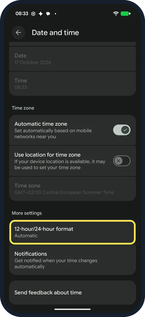 Android screenshot: Tap 12-hour/24-hour format